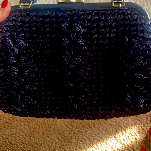Vintage 1950s Navy Blue Woven Handbag – Mid-Century Frame Purse